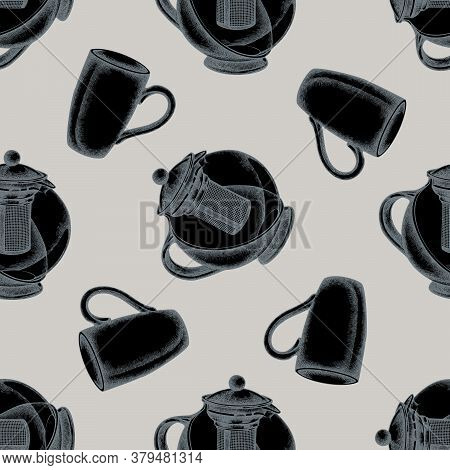 Seamless Pattern With Hand Drawn Stylized Teapots, Cups Stock Illustration