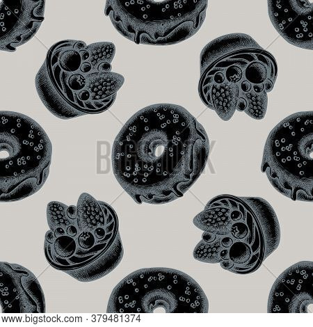 Seamless Pattern With Hand Drawn Stylized Donut, Tartlet Stock Illustration