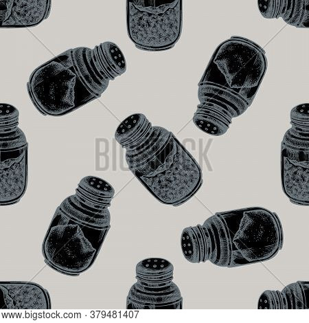 Seamless Pattern With Hand Drawn Stylized Pepper Shaker, Salt Shaker Stock Illustration