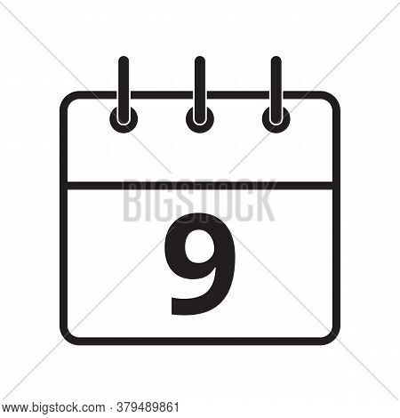 Line Icon The Ninth Day On The Calendar Isolated On White Background. Vector Illustration.