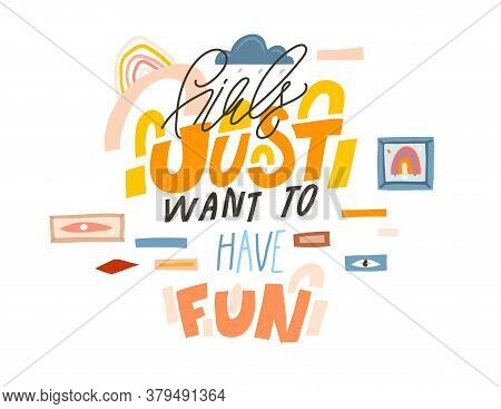 Hand Drawn Vector Abstract Stock Graphic Illustration With Young Happy Positive Lifestyle Girls Just