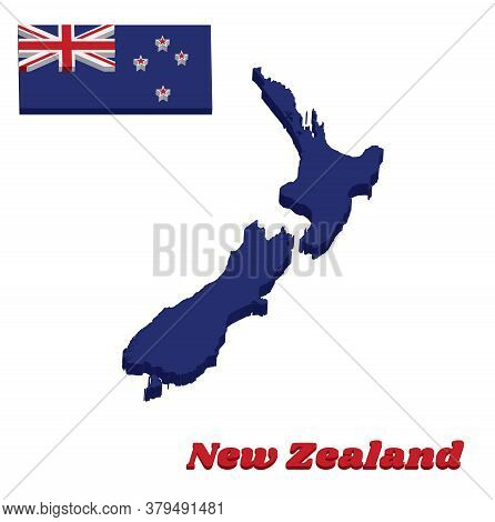 3d Map Outline And Flag Of New Zealand, A Blue Ensign With The Southern Cross Of Four White-edged Re