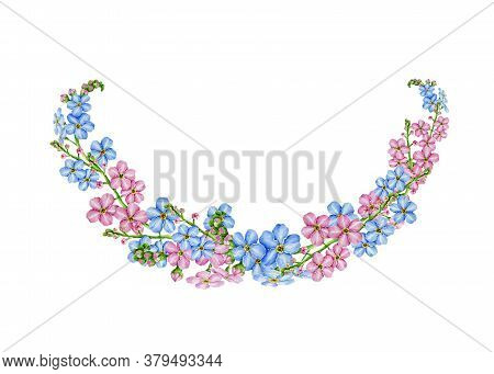 Forget-me-not Arrangement Of Blue And Pink Flowers Watercolor Illustration. Hand Drawn Myosotis Mead