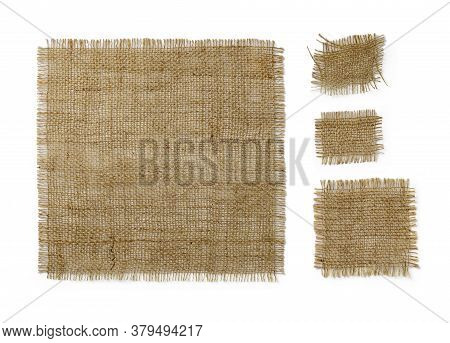 Square Burlap Pieces Of Different Sizes Isolated On White Background. Natural Color Sackcloth Patch 