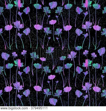 Watercolor Flowers. Seamless Pattern. Hand Painted Background. Bright Flowers On The Dark Background