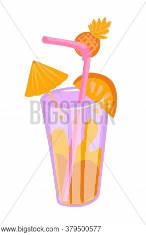 Juice Glass Cup Icon With Straw, Umbrella And Citrus Slice. Refreshing Drink In Flat Style Hand Draw