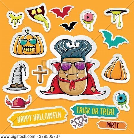 Vector Halloween Sticker Icons Set With Dracula, Witch Hat, Scary Pumpkin, Bat , Skull, Happy Hallow