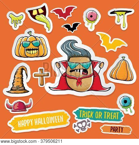 Vector Halloween Sticker Icons Set With Dracula, Witch Hat, Scary Pumpkin, Bat , Skull, Happy Hallow