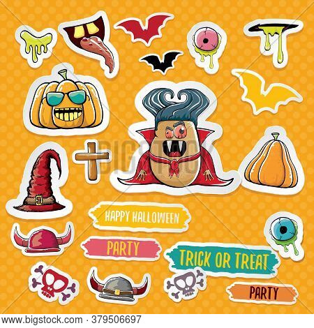 Vector Halloween Sticker Icons Set With Dracula, Witch Hat, Scary Pumpkin, Bat , Skull, Happy Hallow
