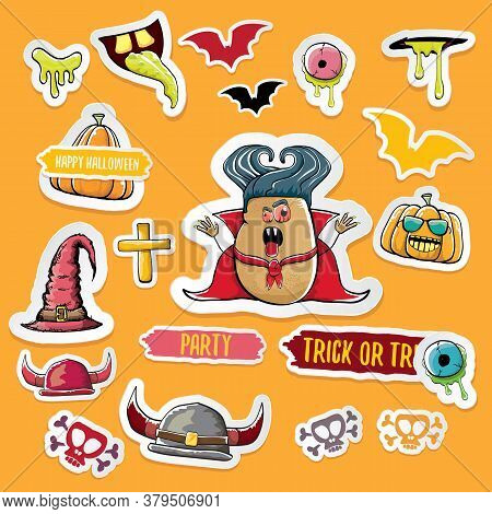 Vector Halloween Sticker Icons Set With Dracula, Witch Hat, Scary Pumpkin, Bat , Skull, Happy Hallow