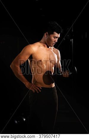 Handsome Man Raising Dumbbell,doing Exercise For Buit Muscle,fit And Firm Body,model Posing