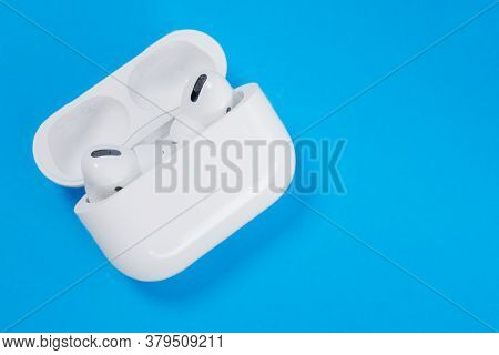 Rostov, Russia - July 06, 2020: Wireless Headphones Apple Airpods Pro In Opened Charging Case With A