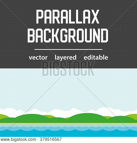 Sea Waves Parallax Background With Land And Clouds. Vector Seamless Cartoon Sea Landscape. Layered A