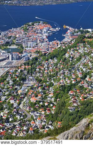 Bergen City, Norway. Summer Aerial View Of Downtown Bergenhus And Fjellsiden Districts.