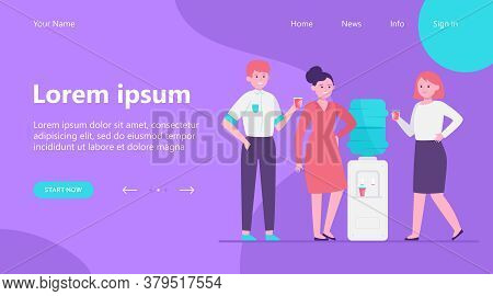 Positive People Drinking Water At Cooler. Office Colleagues, Chatting, Break Flat Vector Illustratio