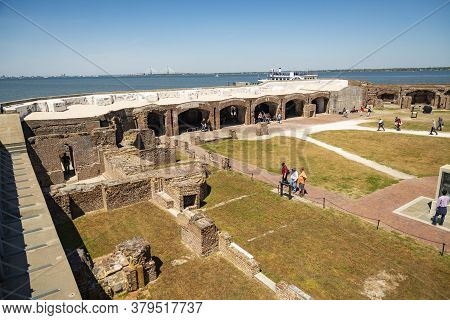 Charleston Sc - March 29, 2019: View Of Fort Sumter Full Of Tourist, National Monument In Charleston