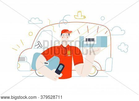 Business Topics - Shipping. Flat Style Modern Outlined Vector Concept Illustration. A Young Man, Del