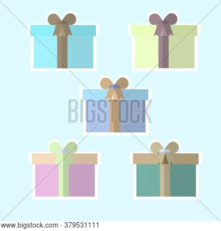 Flat Gift Box Icon Set With Different Bows. Gift Wrapping. Gift Wrap. Gift Package. With Helf Shadow