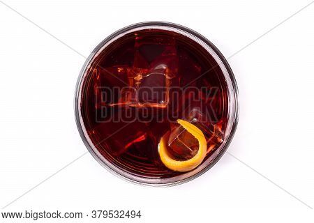 Boulevardier Cocktail And Orange Zest Isolated On White Background. Top View