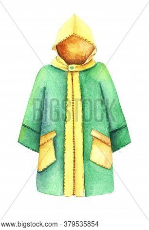 Watercolor Image Of Yellow And Green Slicker Isolated On White Background. Autumn Special Clothes Pr