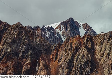 Awesome View To Giant Glacier On Great Pointed Rock Behind Beautiful Mountain With Sharp Stones On T