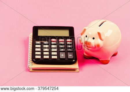Trading Exchange. Trade Market. Finance Control. Credit Concept. Calculate Profit. Piggy Bank Pink P
