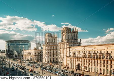 Minsk, Belarus. Two Buildings Towers Symbolizing The Gates Of Minsk, Station Square. Crossing The St