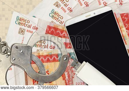 3 Cuban Pesos Convertibles Bills And Smartphone With Police Handcuffs. Concept Of Hackers Phishing A