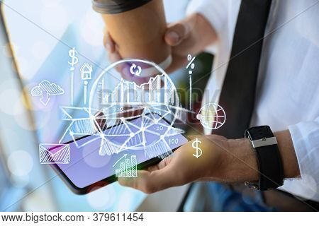 Digital Marketing Concept. Businessman Using Modern Smarthone, Closeup