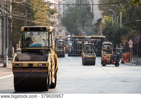 Belgrade, Serbia - September 2, 2018: Road Roller, Small Model, On Display During A Road Renovation 