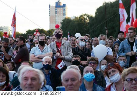 Minsk/belarus - July 30, 2020: Supporters Of Presidential Candidate Svetlana Tikhanovskaya At Her Ca