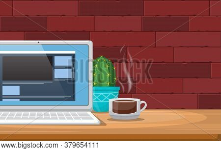 Laptop Cup Of Coffee On Workbench Office Work Table Illustration