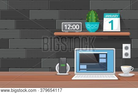 Laptop Cup Of Coffee On Workbench Office Work Table Illustration