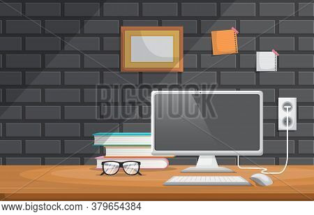 Computer Cup Of Coffee On Workbench Office Work Table Illustration