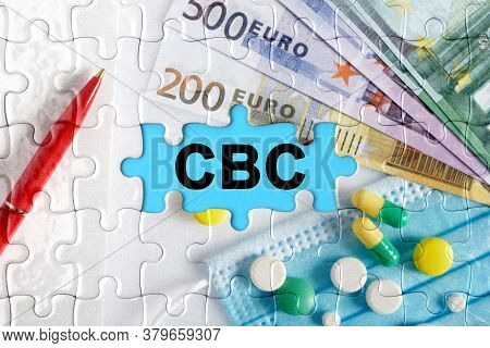 Double Exposure. Puzzles With The Image Of Pills, Medical Mask, Pens And Euro With The Inscription -