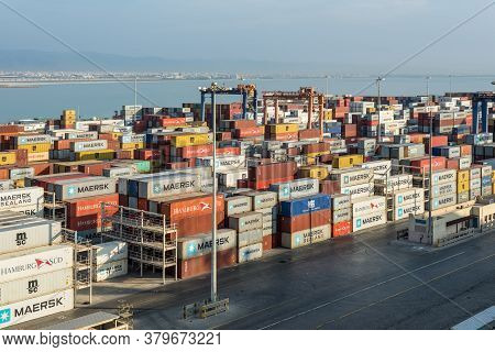 Salalah, Oman - November 19, 2019: Stacked Containers In Port Of Salalah In Oman. Port Of Salalah Is