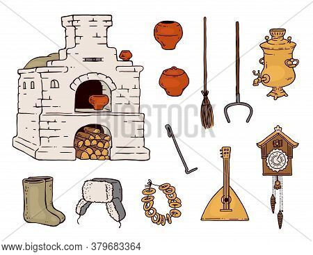 Traditional Old Russian Object Drawing Set - Balalaika, Wood Stove And Other