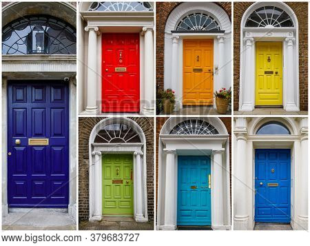 Colorful Georgian Doors In Dublin, Ireland. Historic Doors In Different Colors Painted As Protest Ag