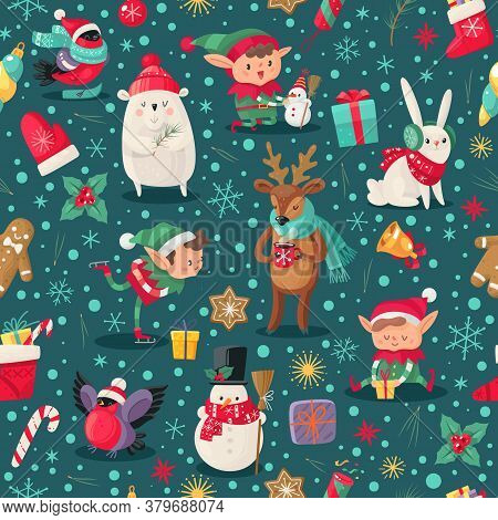 Christmas Characters Seamless Pattern. Santa Claus Helpers, Deer And Snowman, Elf And Arctic Bear Wi