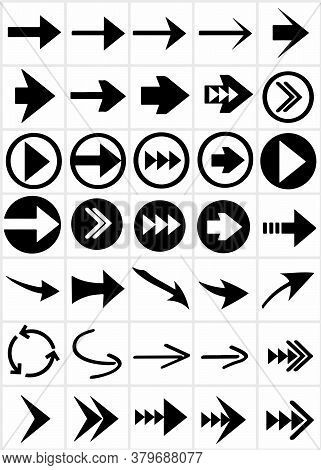 Set Of 35 Types Of Arrows Aligned In Grid. Ready For Illustrations, Web Design And Other Graphic Wor
