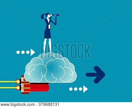 Businesswoman Stand On The Powered Brain While Looking For Investment Directions