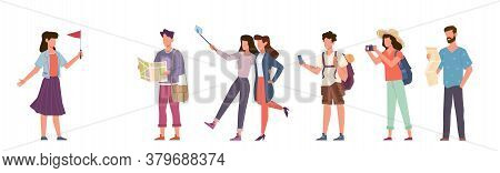 Tourists And Tour Guide. Travelling People Group With Camera, Excursion With Tour Cicerone, Seasonal