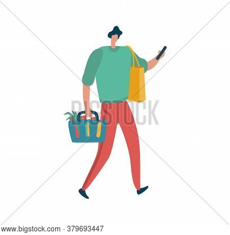 Man Is Shopping With Holding Bags, Male Shopper With Basket. Modern Character With Package Full Of P