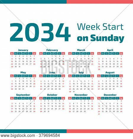 2034 Calendar With The Weeks Start On Sunday