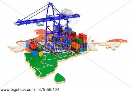Freight Shipping In India Concept. Harbor Cranes With Cargo Containers On The Indian Map. 3d Renderi