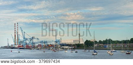 Dublin, Ireland - July 30, 2020 Poolbeg Power Station In The Harbour Producing