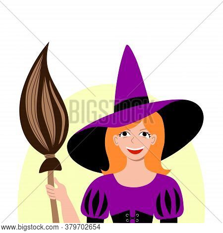 Child Dressed As A Witch For A Halloween Carnival Party. Social Media Avatar. Masquerade Costume Poi
