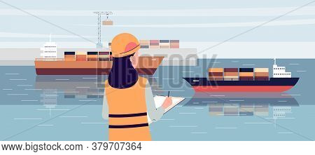 Industrial Ship Port Worker Standing On Loading Dock And Writing In Notepad