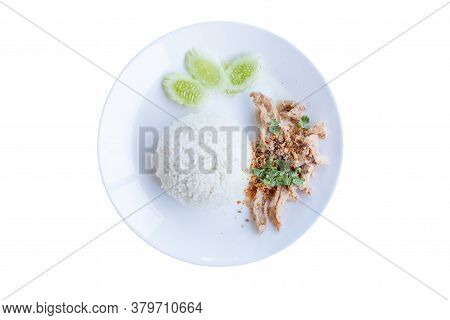 Delicious Fried Pork Rice On White Plate.basil Rice On Dish. Thailand Food On Dish Isolated On White