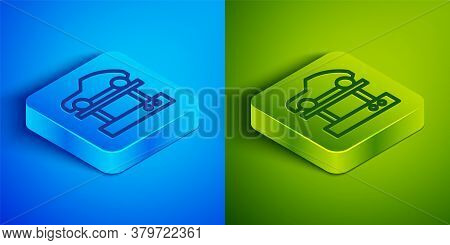 Isometric Line Repair Car On A Lift Icon Isolated On Blue And Green Background. Repair Of The Underb